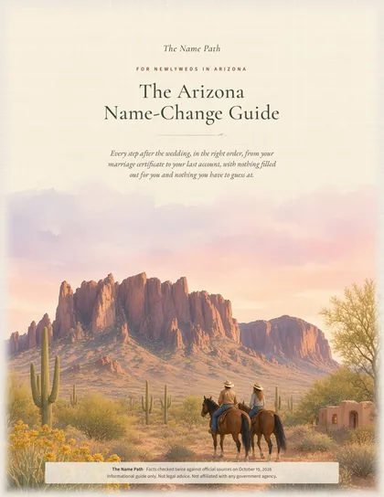Cover of The Name Path Arizona name-change guide: a soft painting of a couple on horseback at dusk below the Superstition Mountains, with saguaros and an adobe, under a pink and lavender sky.