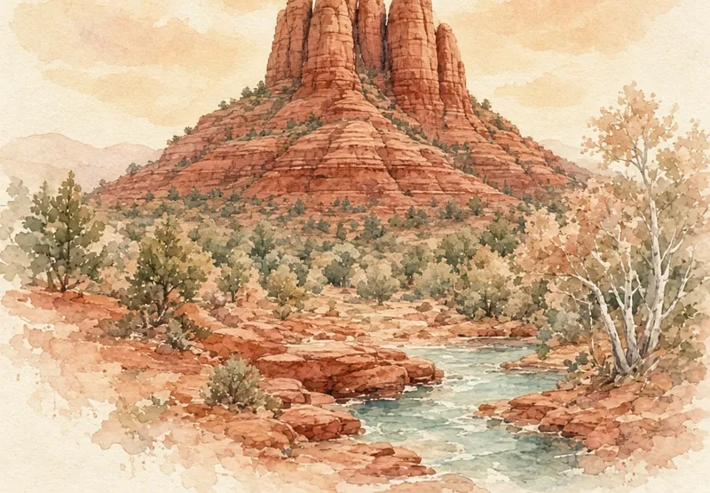 Watercolor of a Sedona red rock spire above Oak Creek