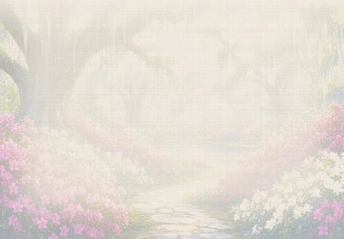 Soft watercolor wash: Bellingrath Gardens azaleas and live oaks, Theodore