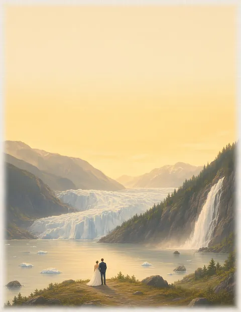 Watercolor: Adult newlywed couple on the rocky trail to Nugget Falls with Mendenhall Glacier behind, Juneau