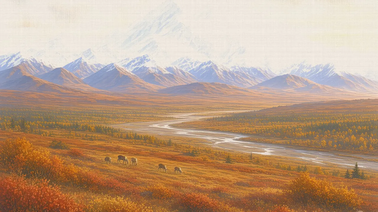 Watercolor: Denali above autumn tundra with caribou, seen from the Denali Park Road
