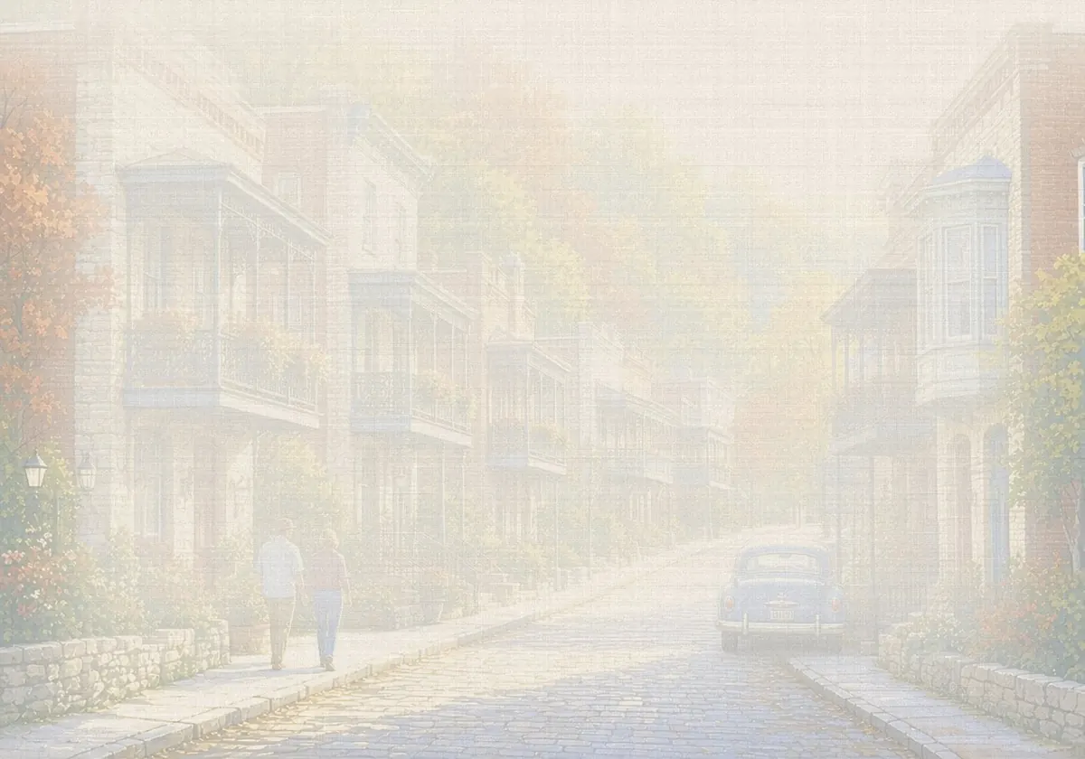 Soft watercolor wash: Victorian buildings on winding streets, Eureka Springs