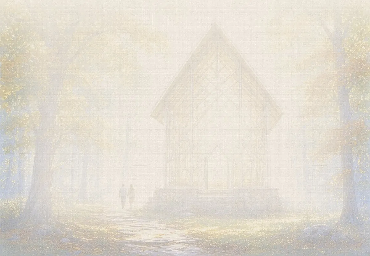 Soft watercolor wash: Thorncrown Chapel in the woods, Eureka Springs