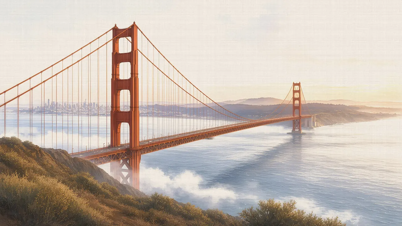 Watercolor: Golden Gate Bridge from Battery Spencer, Marin Headlands, at sunset