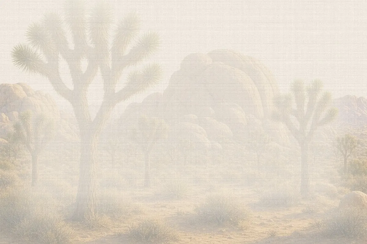 Soft watercolor wash: Joshua trees and granite boulder piles, Joshua Tree National Park
