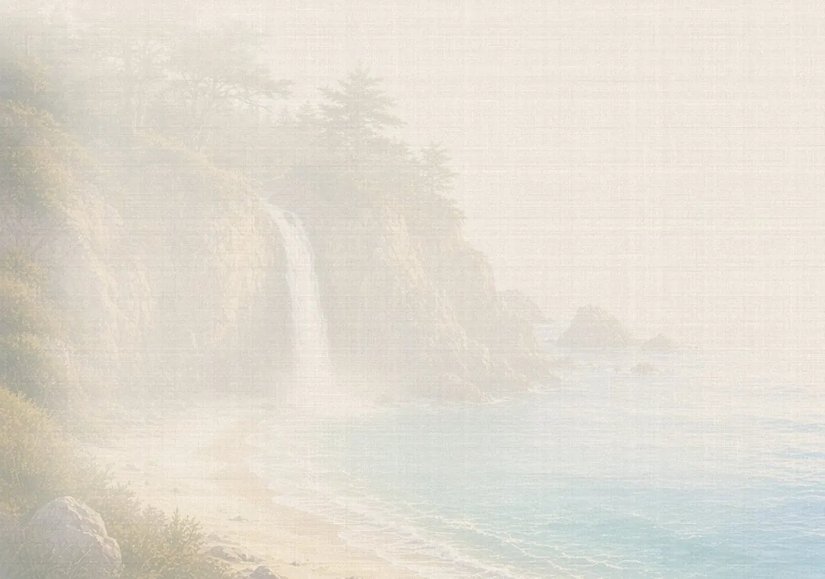 Soft watercolor wash: McWay Falls dropping onto the beach cove, Julia Pfeiffer Burns State Park