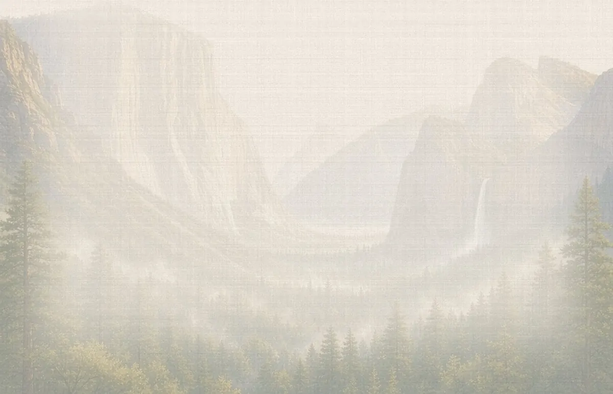 Soft watercolor wash: Yosemite Valley from Tunnel View: El Capitan, Bridalveil Fall, Half Dome