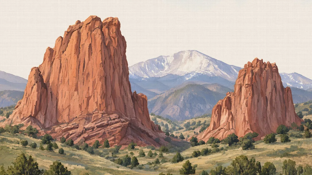 Watercolor: Garden of the Gods red rock fins with Pikes Peak behind