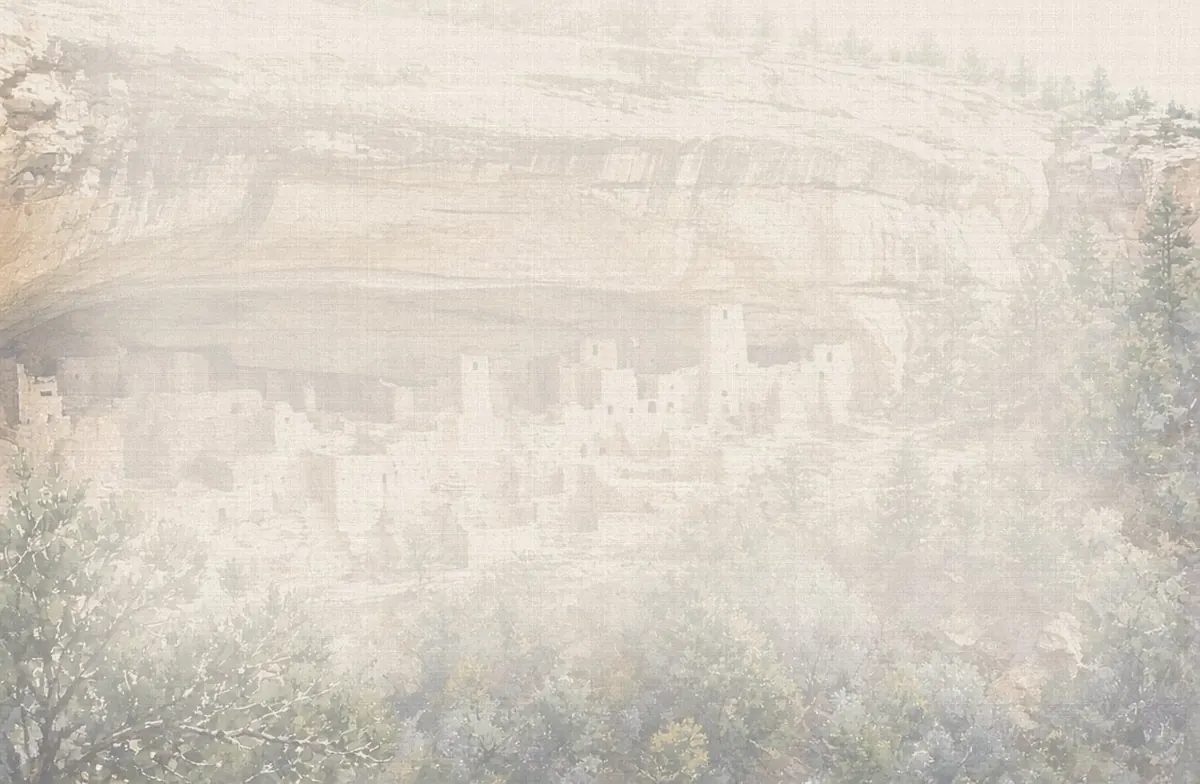 Soft watercolor wash: Cliff Palace cliff dwellings, Mesa Verde