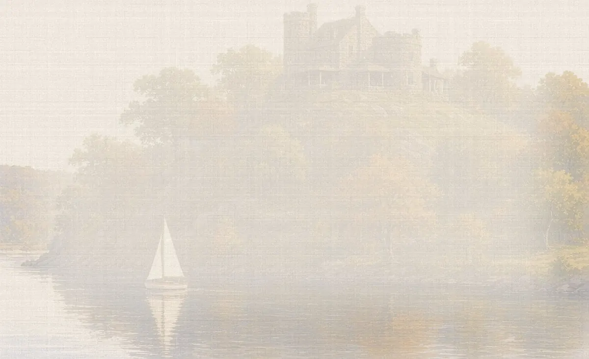 Soft watercolor wash: Gillette Castle on the bluff over the Connecticut River, East Haddam