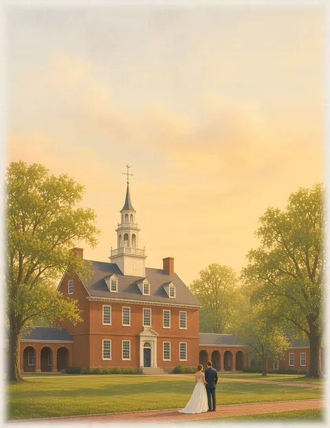 Watercolor: Adult newlywed couple on The Green in Old New Castle beside the Old New Castle Court House, spring