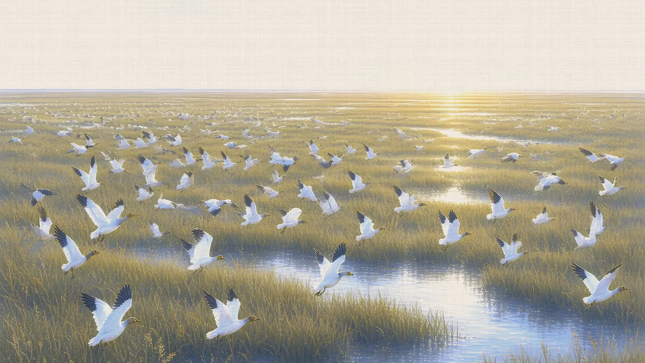 Watercolor: Snow geese lifting off the tidal marsh at Bombay Hook National Wildlife Refuge at sunrise
