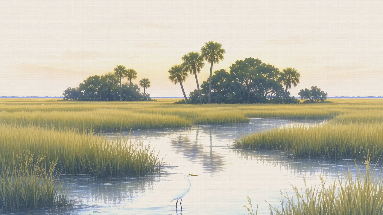 Watercolor: Everglades sawgrass prairie with a great egret, Anhinga Trail area, Everglades National Park