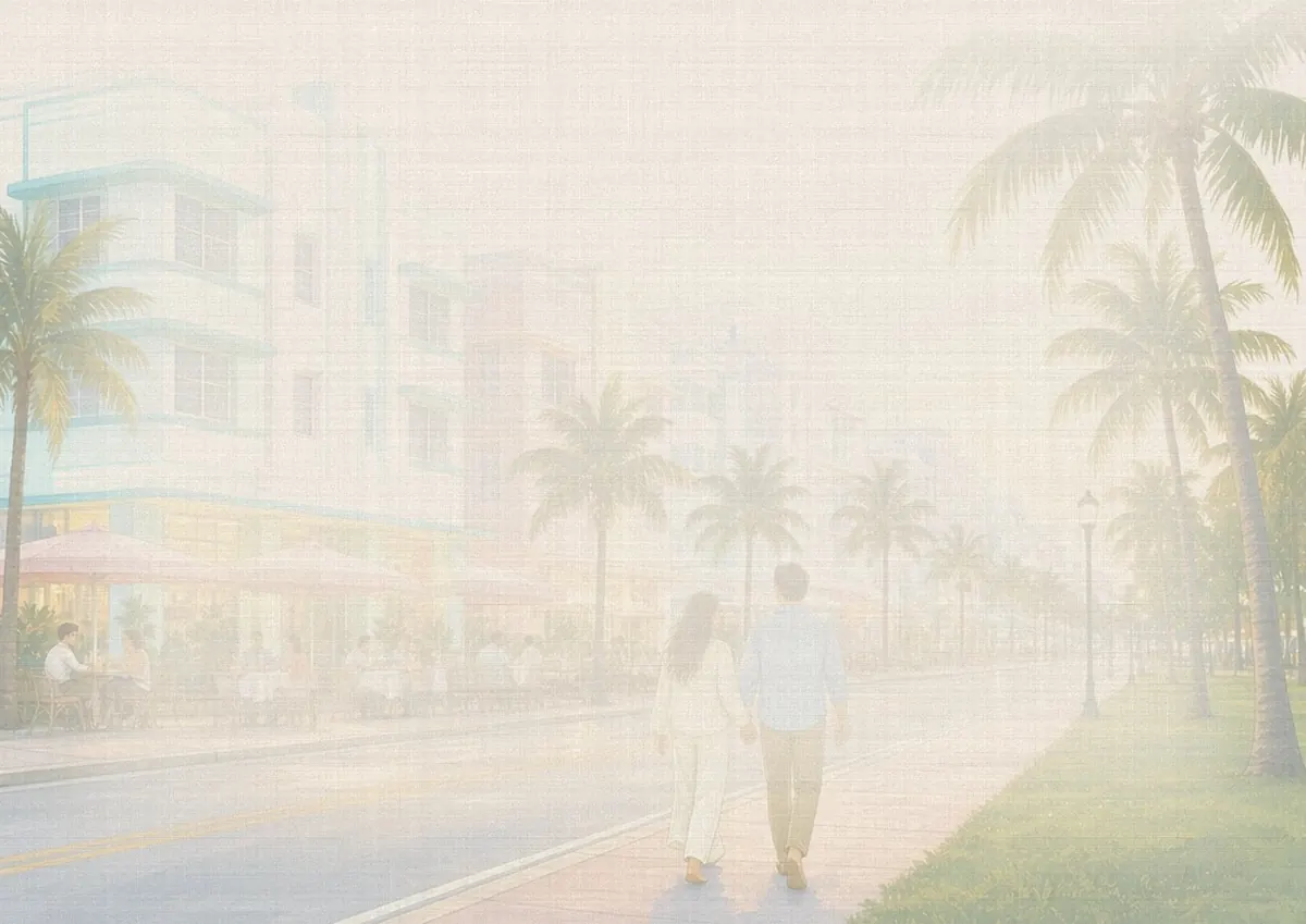Soft watercolor wash: Art Deco hotels on Ocean Drive, Miami Beach, at dusk