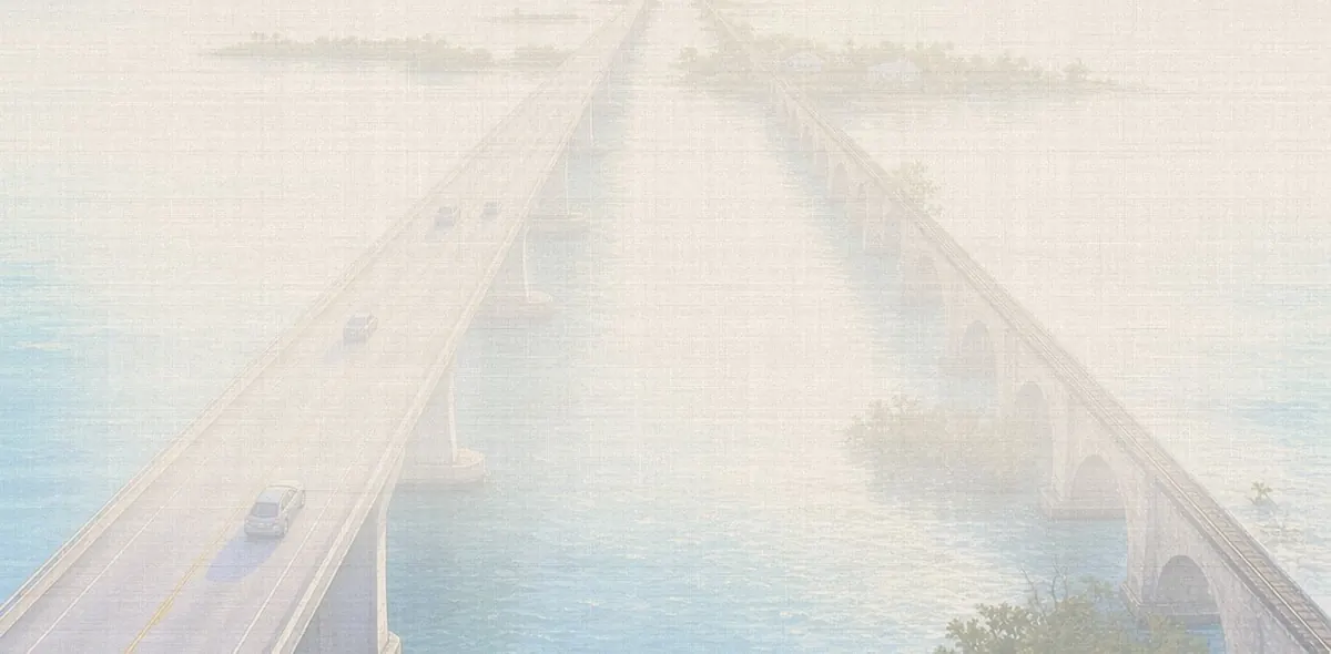Soft watercolor wash: Seven Mile Bridge over turquoise water, Florida Keys