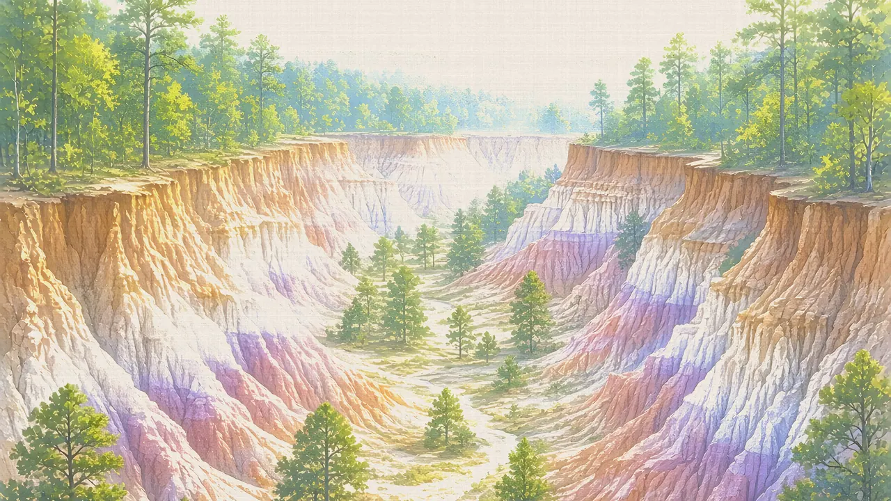 Watercolor: Providence Canyon's pink, orange and cream gullies, Stewart County