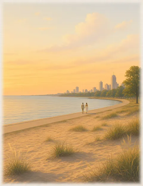 Watercolor: Adult newlywed couple on the North Avenue Beach lakefront path with the Chicago skyline and Lake Michigan