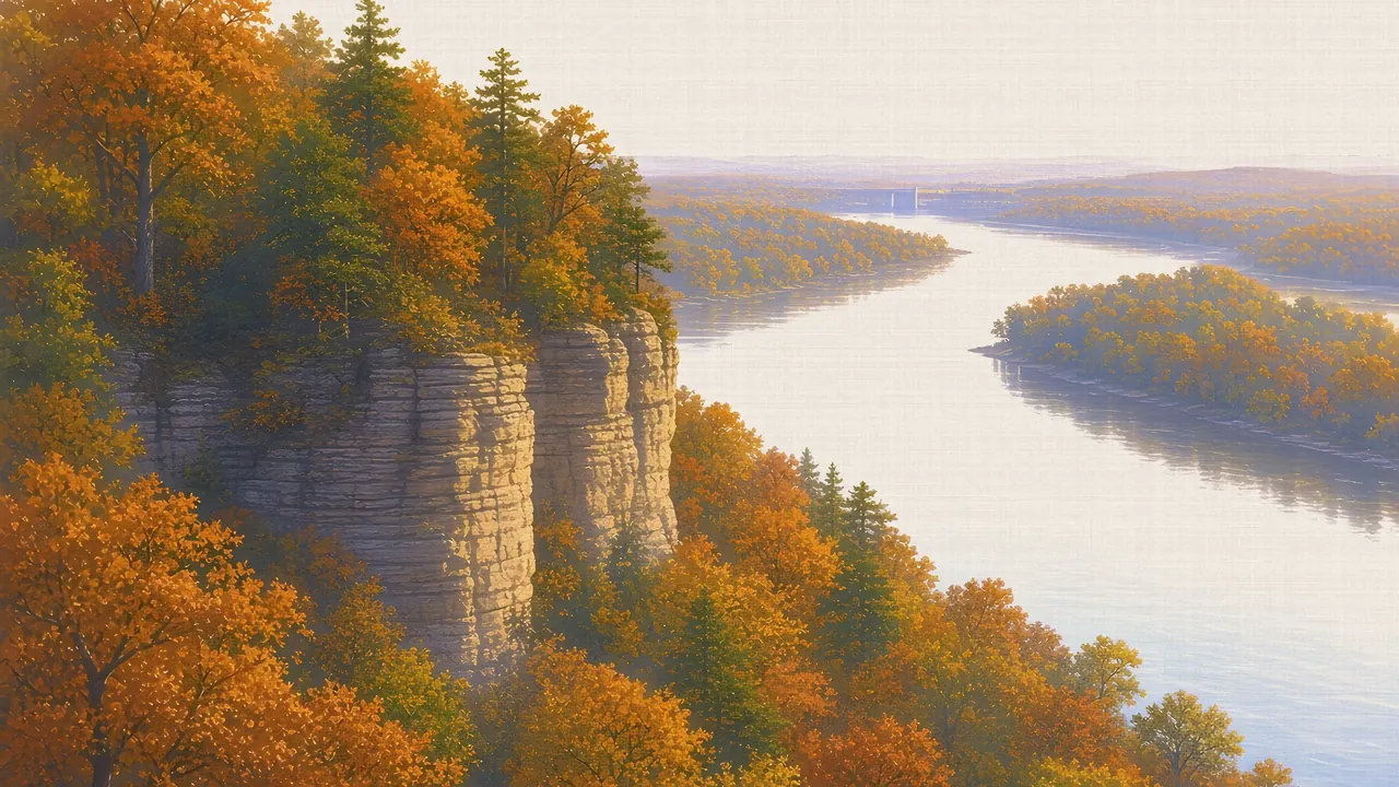 Watercolor: Starved Rock butte above the Illinois River from Lover's Leap overlook, autumn