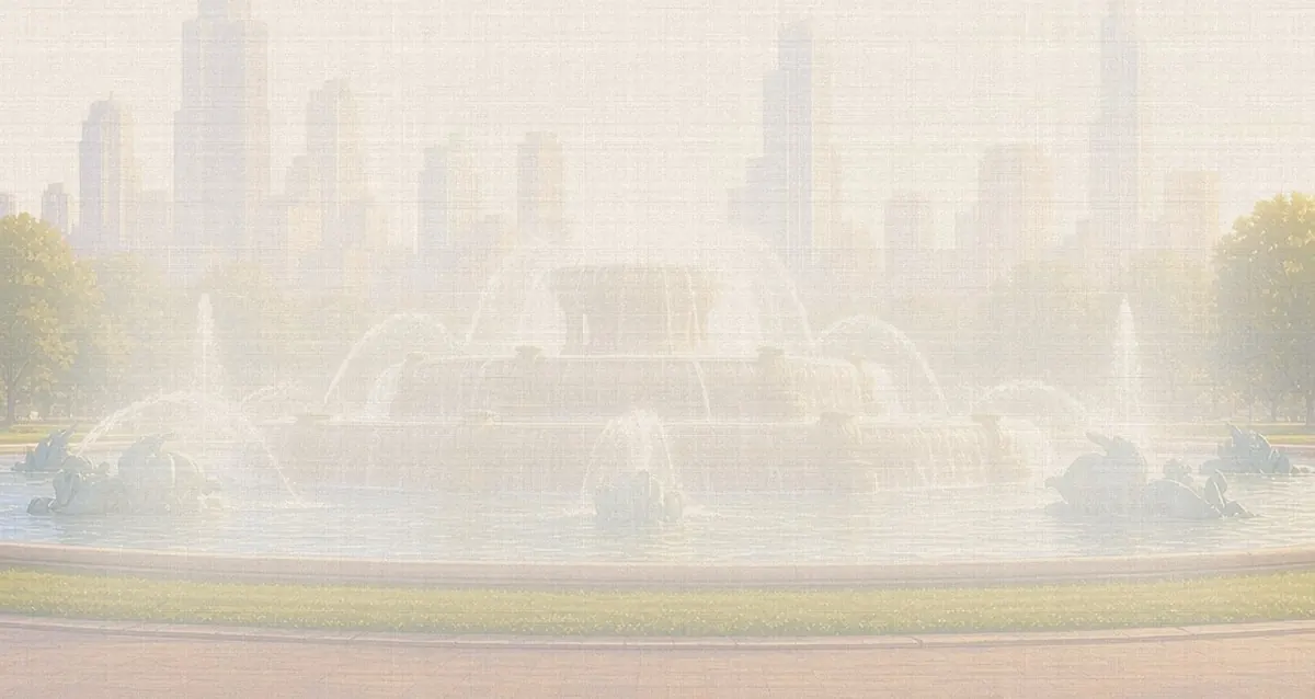 Soft watercolor wash: Buckingham Fountain, Grant Park, evening light show