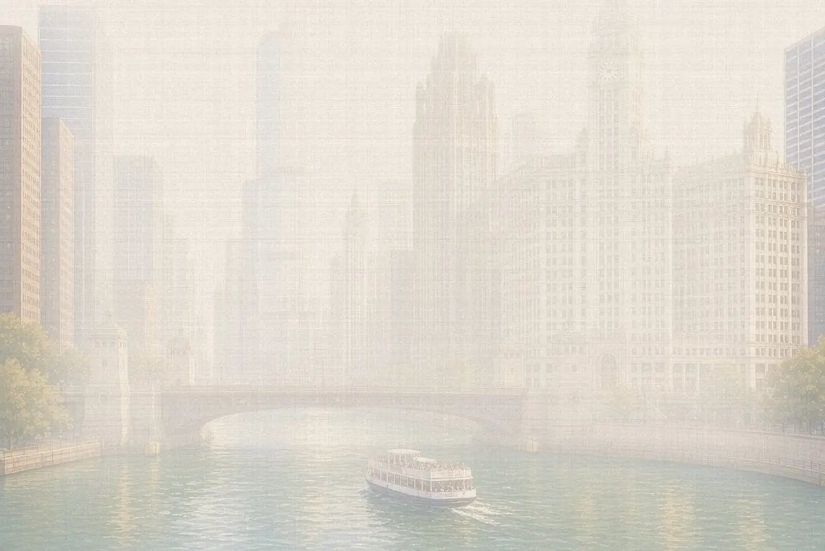 Soft watercolor wash: Chicago River with bascule bridges and the Wrigley Building