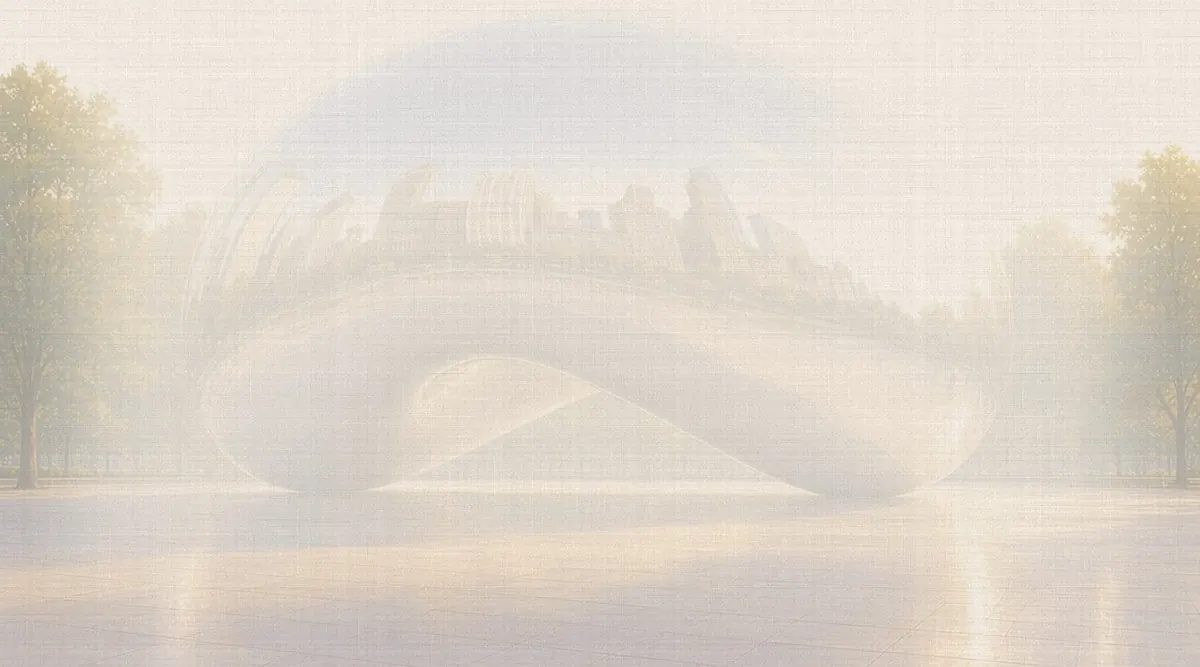 Soft watercolor wash: Cloud Gate ("the Bean") reflecting the skyline, Millennium Park