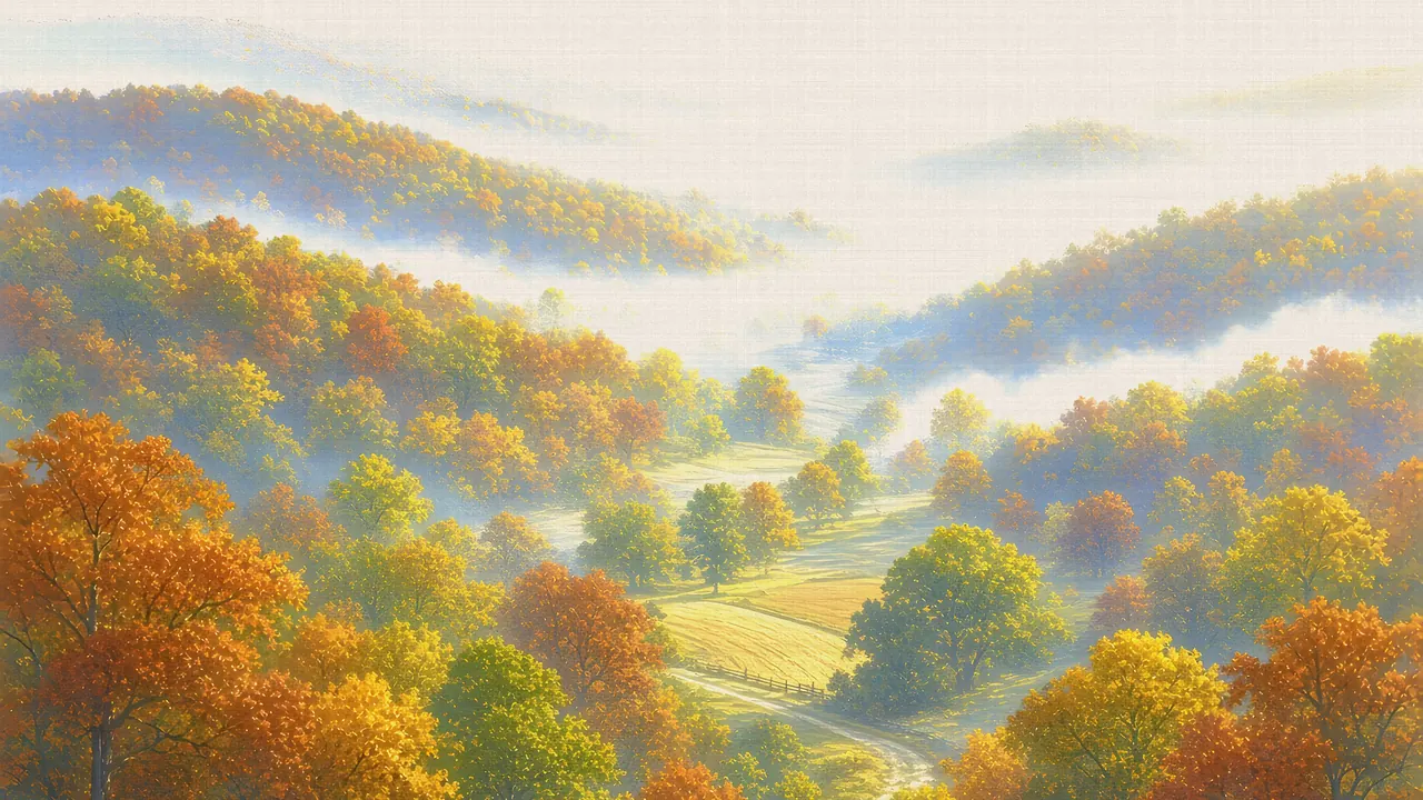 Watercolor: Rolling Brown County hills in peak fall color