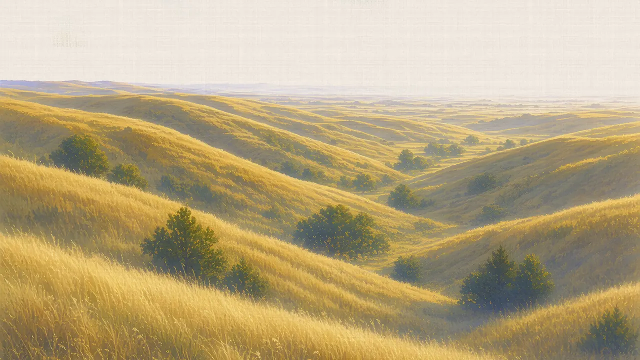 Watercolor: Loess Hills ridges at golden hour, western Iowa