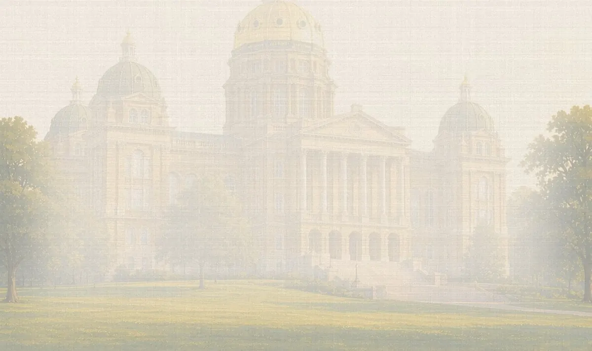 Soft watercolor wash: Iowa State Capitol with gold dome and four small domes, Des Moines
