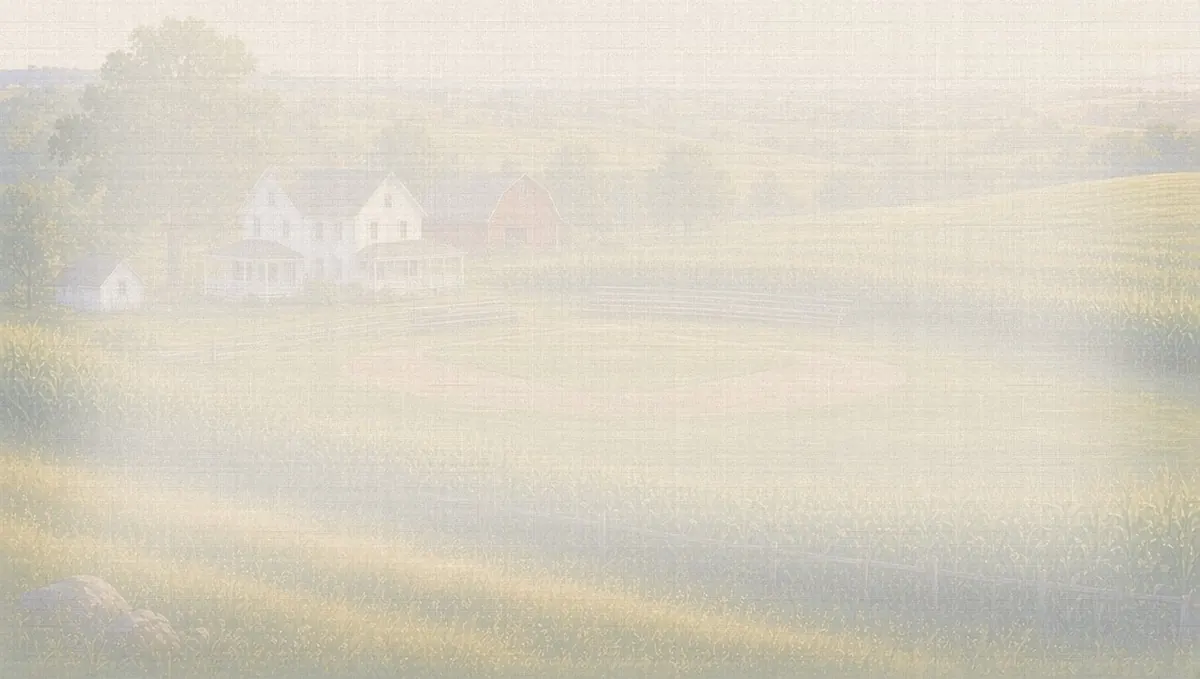 Soft watercolor wash: Field of Dreams ballfield and farmhouse, Dyersville