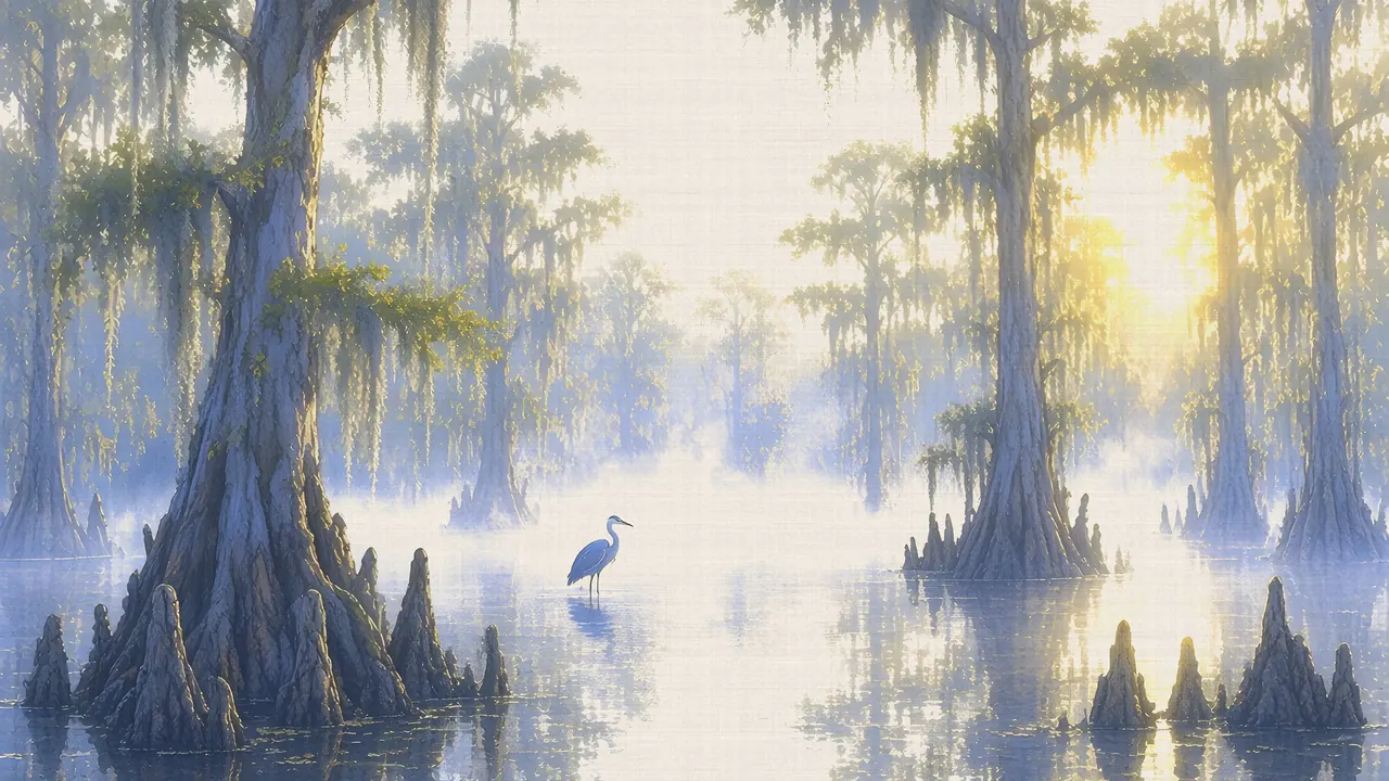 Watercolor: Bald cypress swamp in the Atchafalaya Basin at sunrise