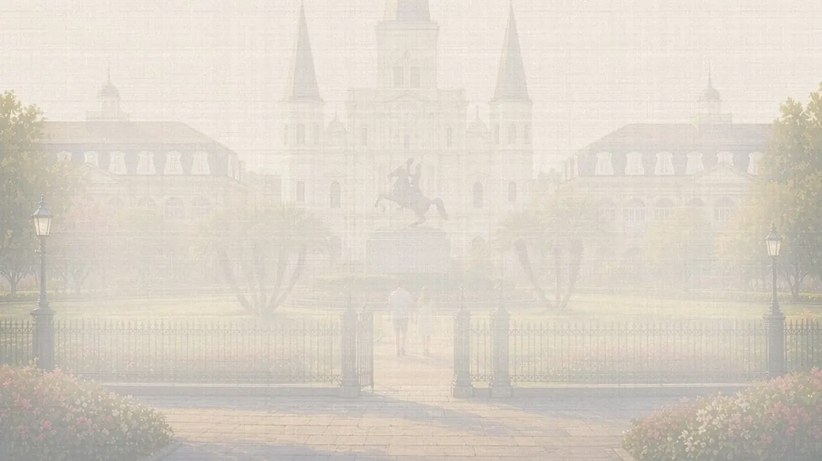 Soft watercolor wash: St. Louis Cathedral over Jackson Square, New Orleans