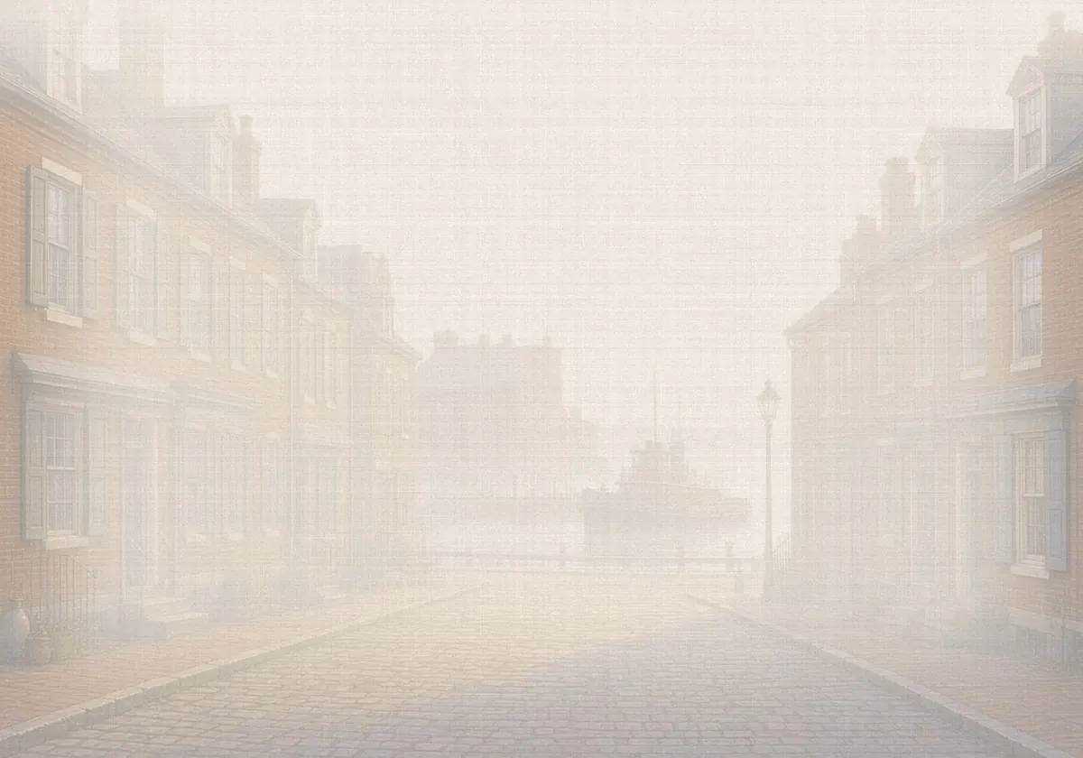 Soft watercolor wash: Fells Point brick rowhouses and Belgian-block streets with tugboats