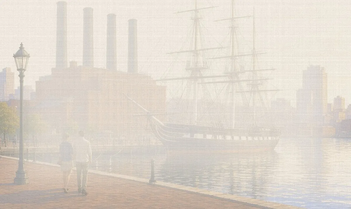 Soft watercolor wash: Baltimore Inner Harbor with the sloop USS Constellation