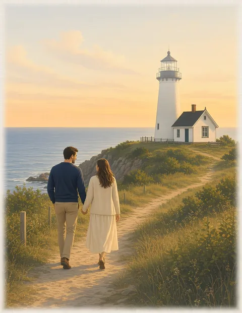 Watercolor: Adult newlywed couple on a Cape Cod beach path near Highland Light, Truro