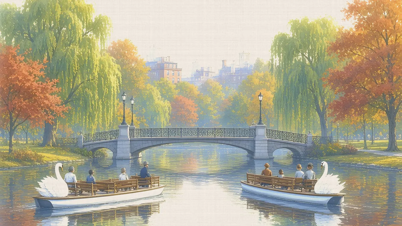 Watercolor: Boston Public Garden lagoon and footbridge in autumn