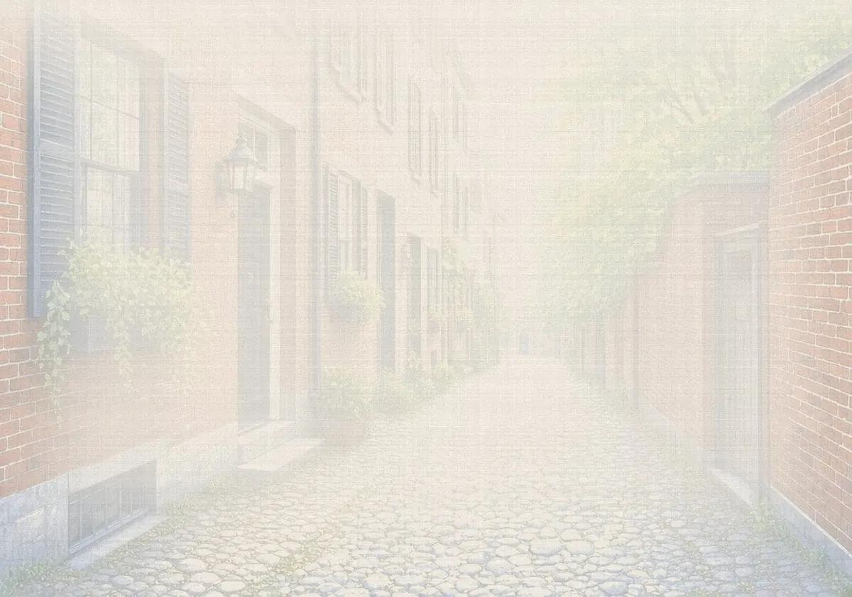 Soft watercolor wash: Acorn Street cobblestones and brick row houses, Beacon Hill