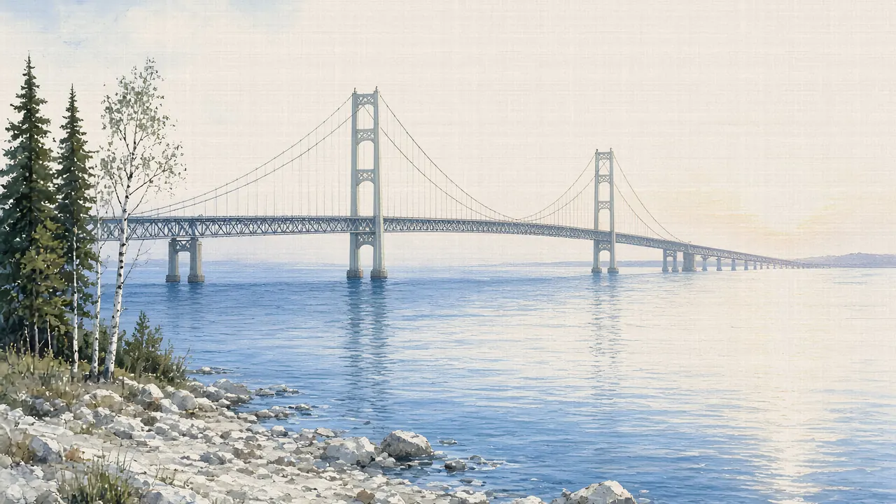 Watercolor: Mackinac Bridge spanning the Straits of Mackinac at sunrise