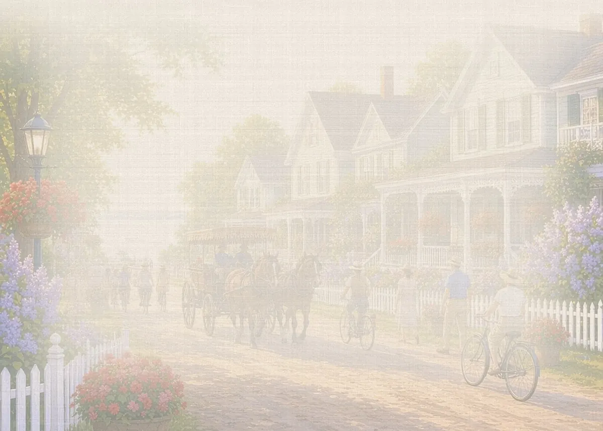 Soft watercolor wash: Mackinac Island street with horse-drawn carriage and Victorian cottages