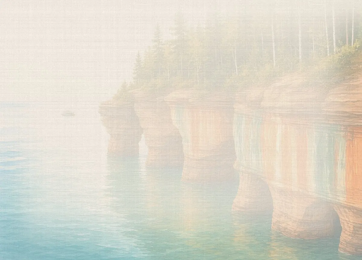 Soft watercolor wash: Pictured Rocks sandstone cliffs with mineral streaks over Lake Superior