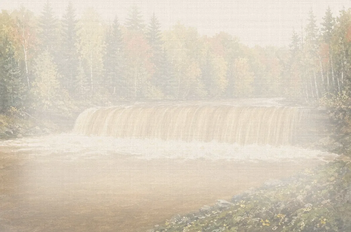 Soft watercolor wash: Upper Tahquamenon Falls with root-beer-colored water