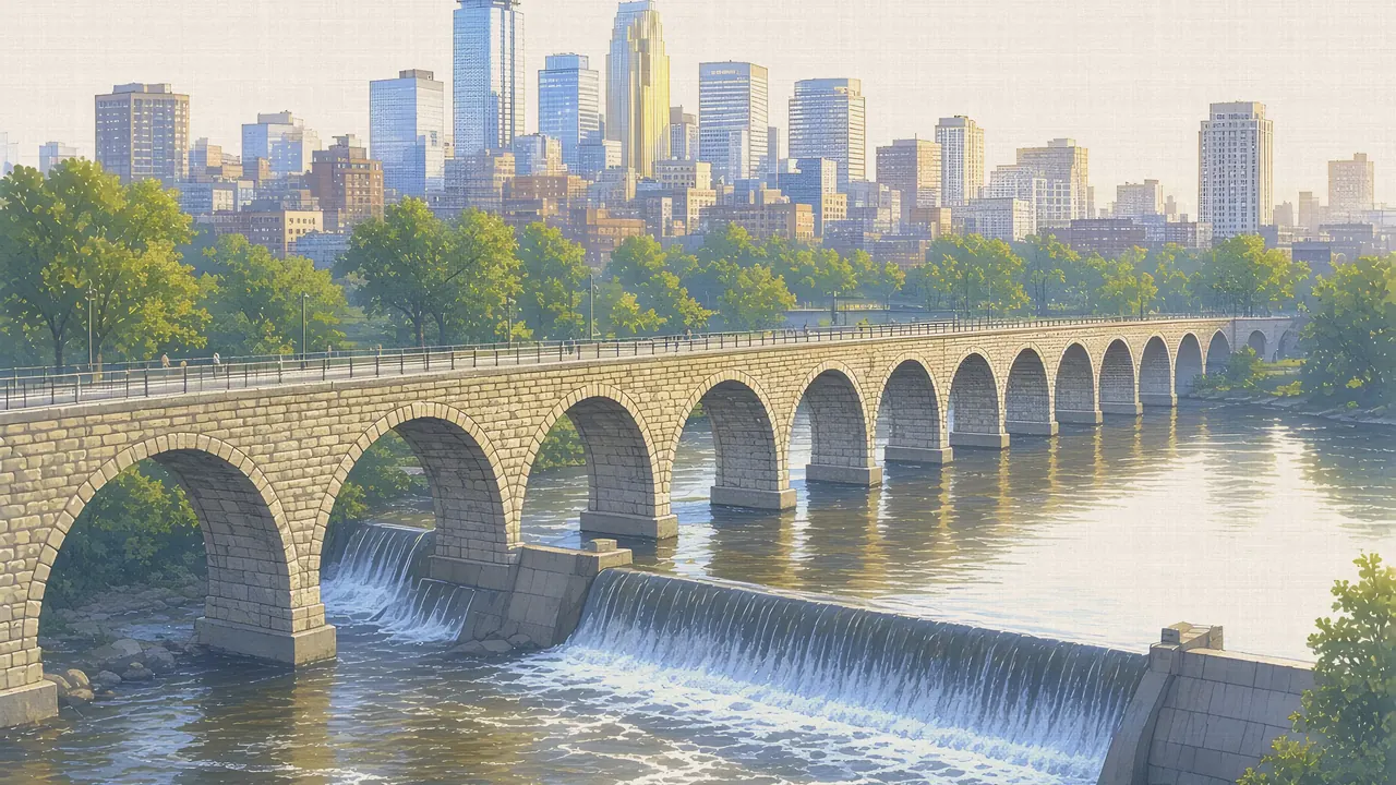 Watercolor: Stone Arch Bridge over the Mississippi at St. Anthony Falls with the Minneapolis skyline
