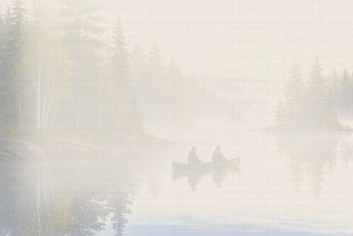 Soft watercolor wash: Canoe on a Boundary Waters lake with granite shore and pines
