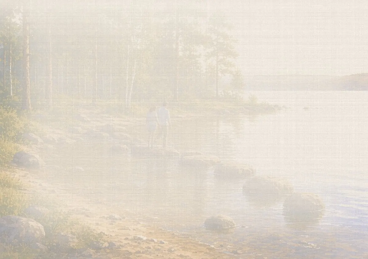Soft watercolor wash: Mississippi headwaters stepping stones at Lake Itasca