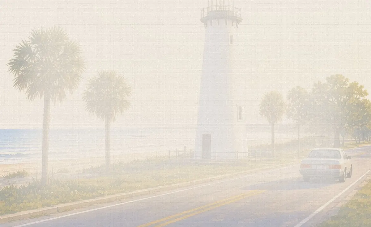 Soft watercolor wash: Biloxi Lighthouse on the beach highway