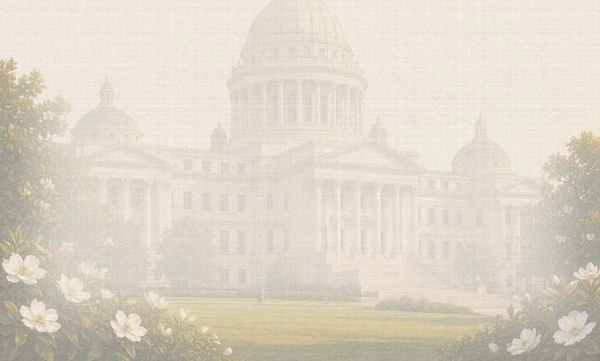 Soft watercolor wash: Mississippi State Capitol with gold eagle on the dome, Jackson