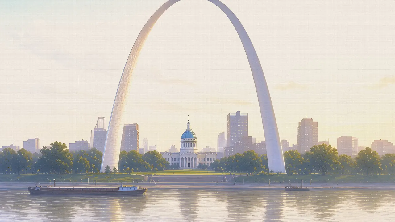 Watercolor: Gateway Arch above the St. Louis riverfront at sunrise