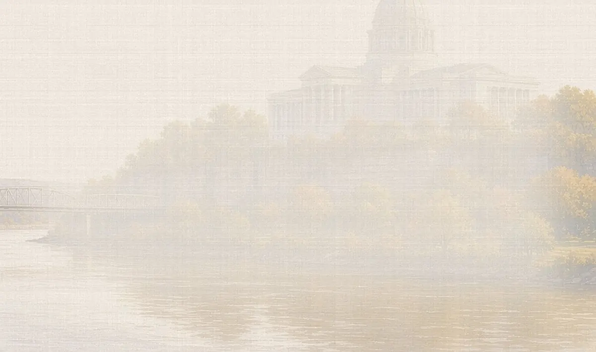 Soft watercolor wash: Missouri State Capitol on the river bluff, Jefferson City