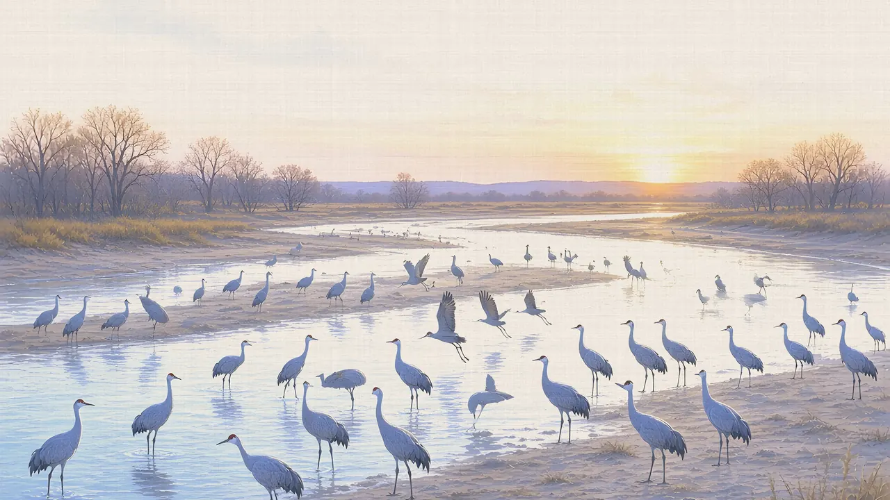 Watercolor: Sandhill cranes roosting on the Platte River at sunrise near Kearney (March)