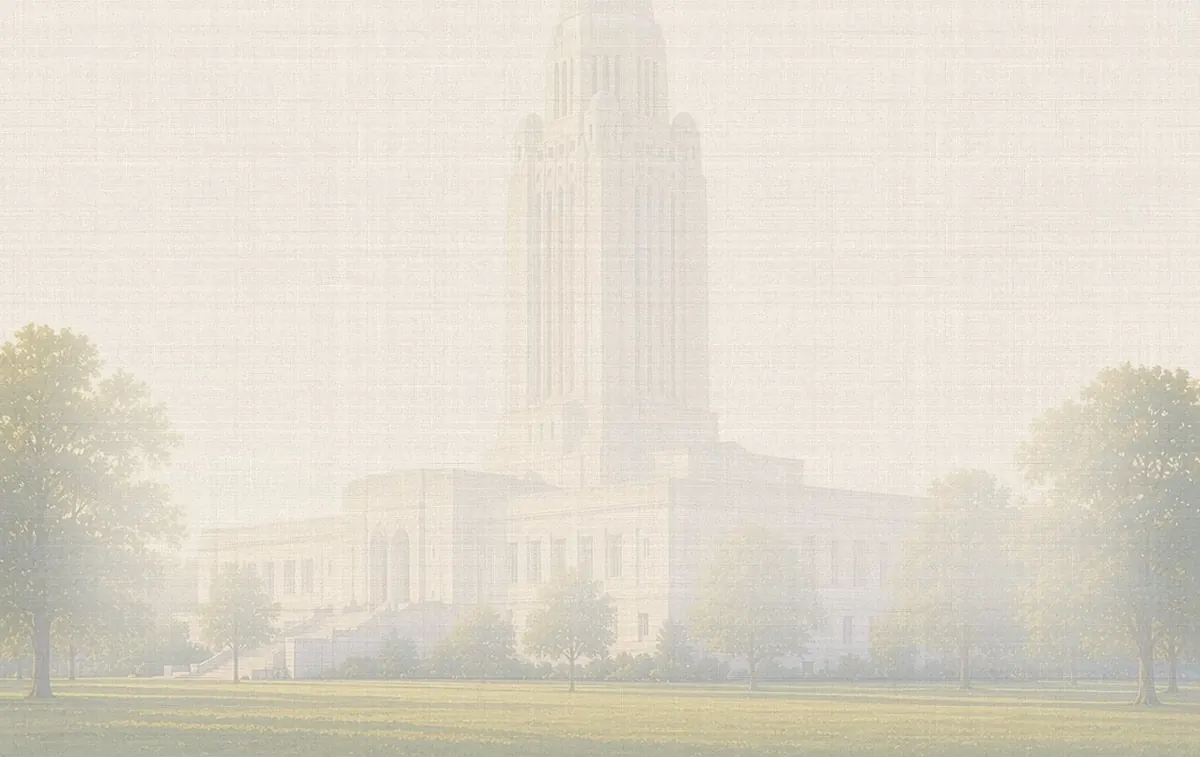 Soft watercolor wash: Nebraska State Capitol tower with The Sower, Lincoln