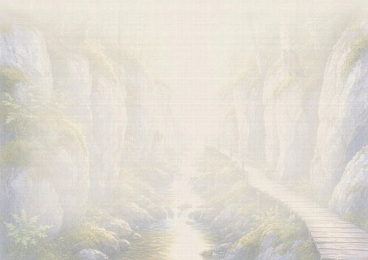 Soft watercolor wash: Flume Gorge boardwalk, Franconia Notch
